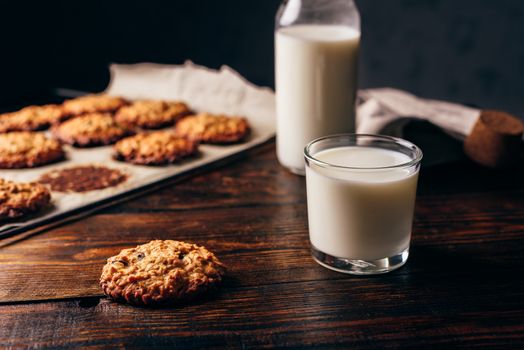 Homemade Oatmeal Cookies with Raisins and Glass of Milk for Breakfast. Some Cookies on Parchment Paper with Bottle on Backdrop.