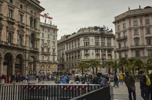 MILAN, ITALY 10 MARCH 2020: Detail of the Piazza del Duomo in Milan with people strolling en masse on the square