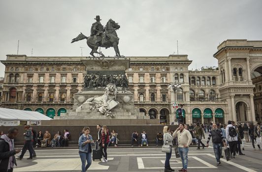 MILAN, ITALY 10 MARCH 2020: Milan Cathedral with tourists and people strolling en masse on the square