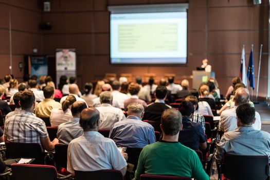 Female speaker giving presentation in lecture hall at university workshop. Audience in conference hall. Rear view of unrecognized participant in audience. Scientific conference event.