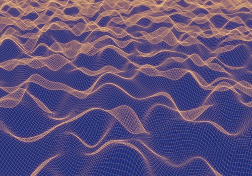 3D rendering orange wireframe wave in darkness blue background. Concept of old or vintage technology network.