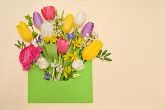 Conceptual Colorful Spring Flowers And Envelope