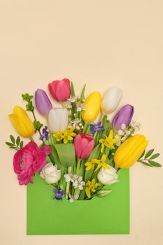 Conceptual Colorful Spring Flowers And Envelope