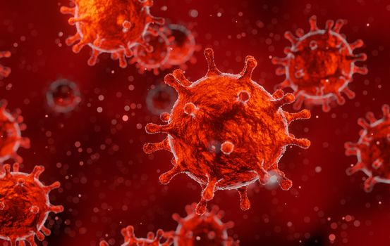 corona virus 2019-ncov flu outbreak, microscopic view of floating influenza virus in blood, SARS pandemic risk concept, 3D rendering medical background