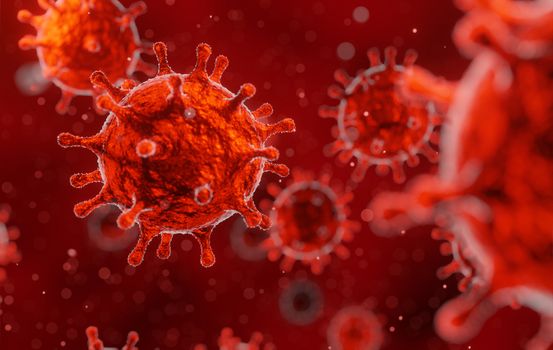 corona virus 2019-ncov flu outbreak, microscopic view of floating influenza virus in blood, SARS pandemic risk concept, 3D rendering illustration