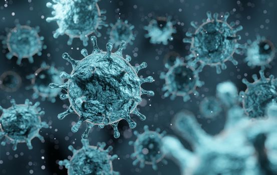 corona virus 2019-ncov flu outbreak, microscopic view of floating influenza virus cells, SARS pandemic risk concept, 3D rendering medical illustration