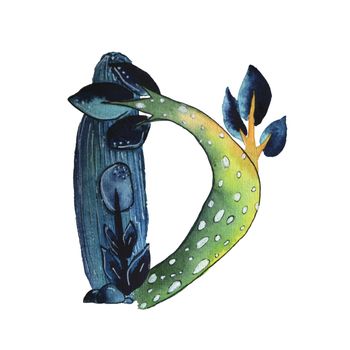 D letter in the form of cactus in blue colors, green eco English letter Illustration on a white background, watercolor illustration