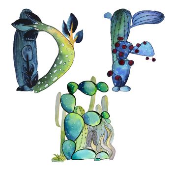 D, E, F letters in the form of cactus in blue colors, green eco English letter Illustration on a white background, watercolor illustration