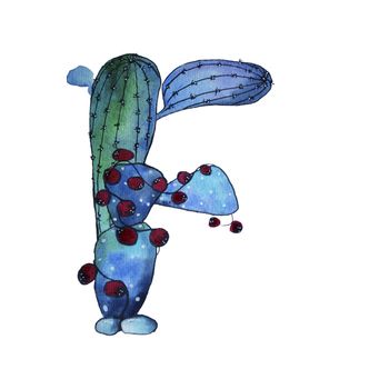 F letter in the form of cactus in blue colors, green eco English letter Illustration on a white background, watercolor illustration