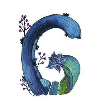 G letter in the form of cactus in blue colors, green eco English letter Illustration on a white background, watercolor illustration