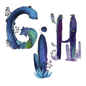 G, H, I letters in the form of cactus in blue colors, green eco English letter Illustration on a white background, watercolor illustration