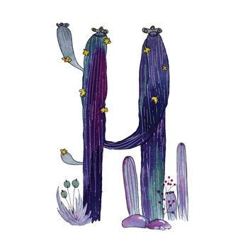 H letter in the form of cactus in blue colors, green eco English letter Illustration on a white background, watercolor illustration