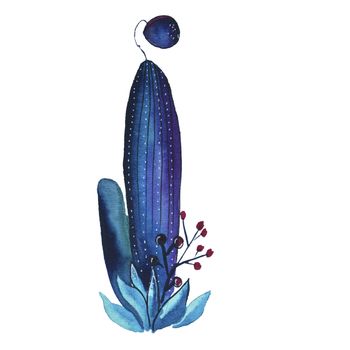 I letter in the form of cactus in blue colors, green eco English letter Illustration on a white background, watercolor illustration