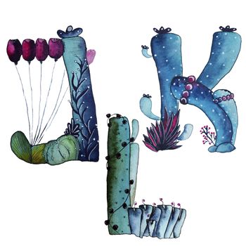 J, K, L letters in the form of cactus in blue colors, green eco English letter Illustration on a white background, watercolor illustration