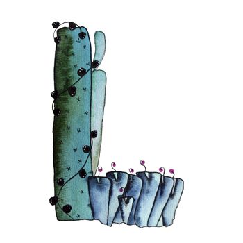 L letter in the form of cactus in blue colors, green eco English letter Illustration on a white background, watercolor illustration