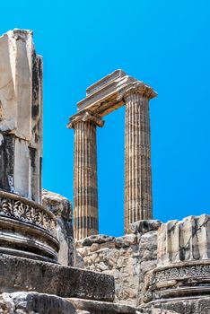 Broken Ionic Columns in the Temple of Apollo at Didyma, Turkey, on a sunny summer day