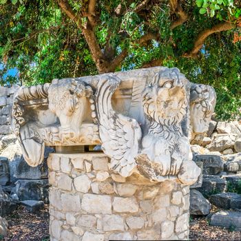 Sculptures and details of the columns of the Temple of Apollo at Didyma, Turkey, on a sunny summer day