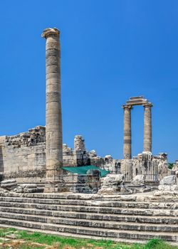 Broken Ionic Columns in the Temple of Apollo at Didyma, Turkey, on a sunny summer day