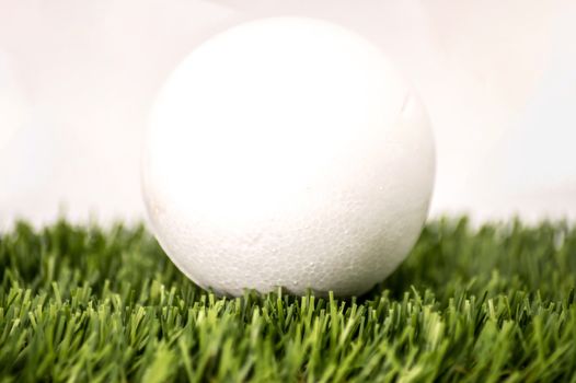 White sphere in green grass with a white background.