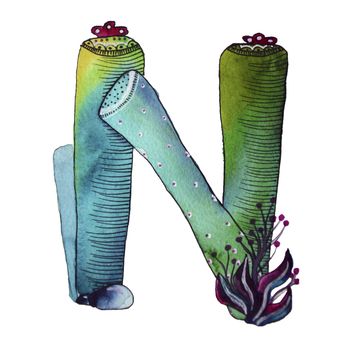 N letter in the form of cactus in blue colors, green eco English letter Illustration on a white background, watercolor illustration