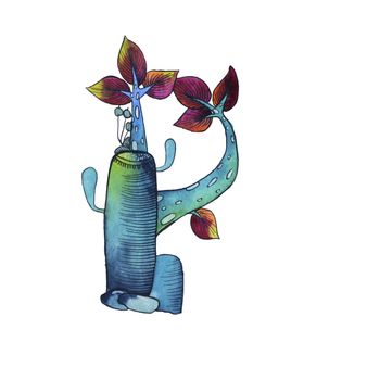 P letter in the form of cactus in blue colors, green eco English letter Illustration on a white background, watercolor illustration