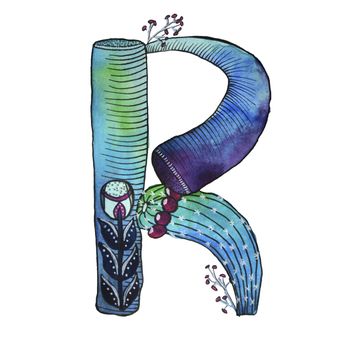 R letter in the form of cactus in blue colors, green eco English letter Illustration on a white background, watercolor illustration