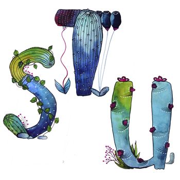 S, T, U letter in the form of cactus in blue colors, green eco English letter Illustration on a white background, watercolor illustration