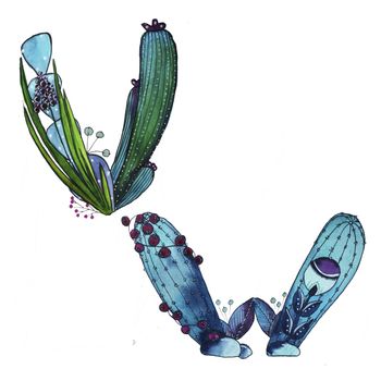 V, W letter in the form of cactus in blue colors, green eco English letter Illustration on a white background, watercolor illustration