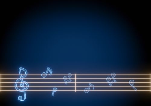 Neon wireframe 3D music note in darkness classic blue background. Closeup and copy space for text. Concept of music in the calmness of the night.