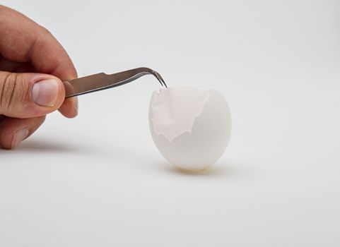 hand holding pincer, pulling at the inside skin of a broken egg