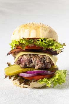 closeup of a single cheeseburger