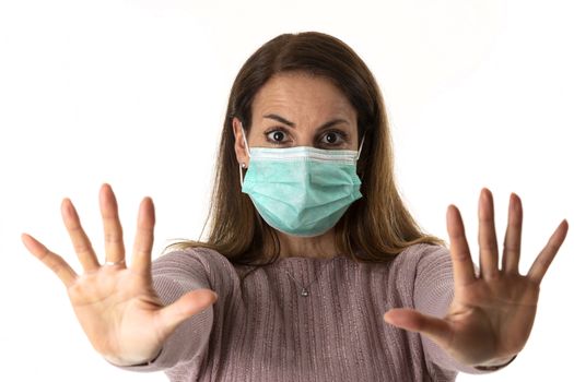 scared woman with a mask on white