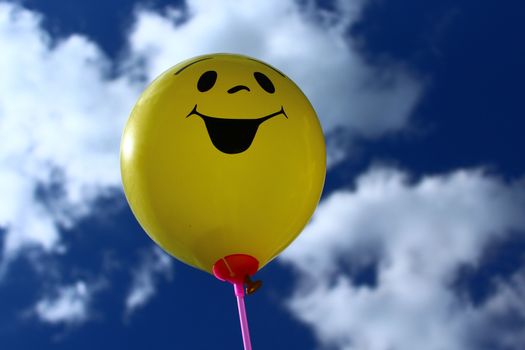 The picture shows a funny balloon in front of the sky