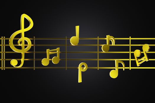 3D golden music note on music line in black background. Concept of Music values ​​and importance.