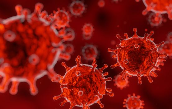 corona virus 2019-ncov flu outbreak, microscopic view of floating virus in red blood, coronavirus pandemic concept, 3D rendering medical background