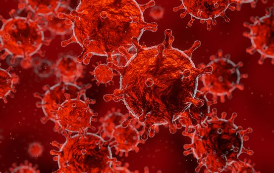 corona virus 2019-ncov flu outbreak, microscopic view of floating virus in red blood background, coronavirus pandemic concept, 3D rendering