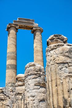 Broken Columns in the Temple of Apollo at Didyma, Turkey, on a sunny summer day