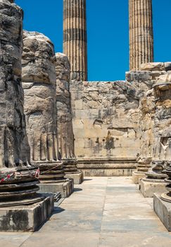 A base of a column of the eastern facade of the Temple of Apollo at Didyma, Turkey, on a sunny summer day