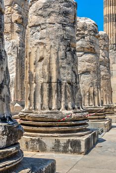 A base of a column of the eastern facade of the Temple of Apollo at Didyma, Turkey, on a sunny summer day