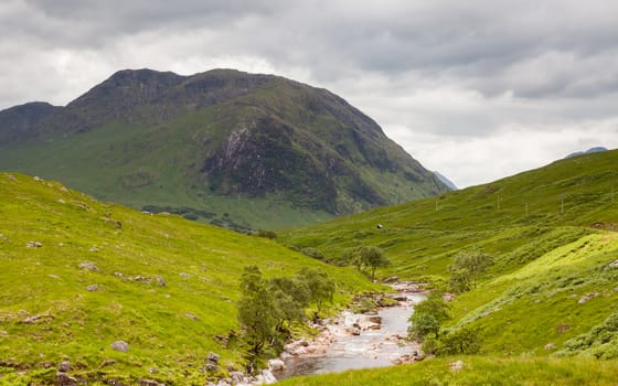 The view looking down Glen Etive in the Scottish highlands.