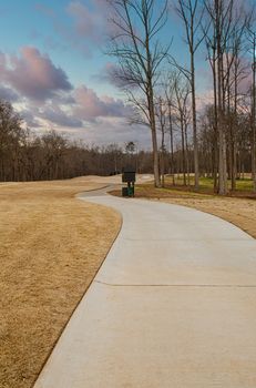 A cement cart path through brown bermuda grass in the winter