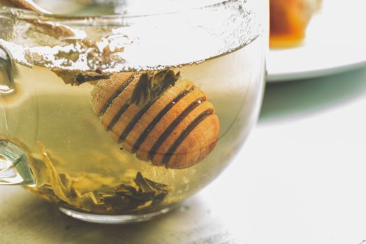 Honey dipper in cup of green tea. Copy space