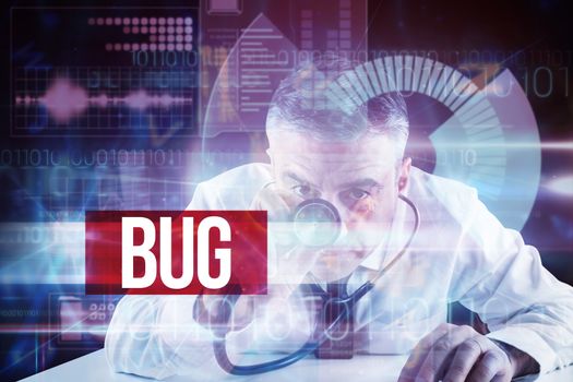 The word bug and mature businessman running diagnostics against blue technology interface with dial 
