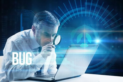 The word bug and mature businessman examining with magnifying glass against blue technology interface with dial
