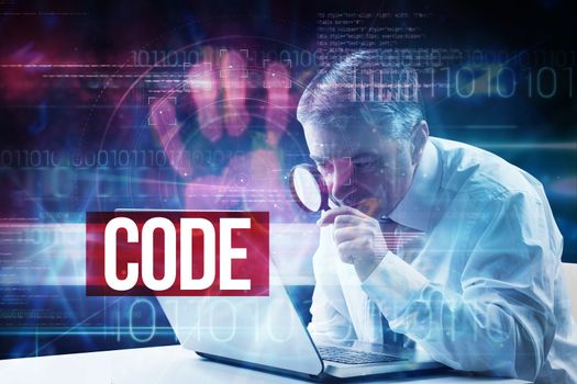 The word code and mature businessman examining with magnifying glass against pink technology hand print interface design