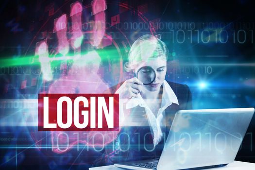 The word login and redhead businesswoman using her laptop against red technology hand print design