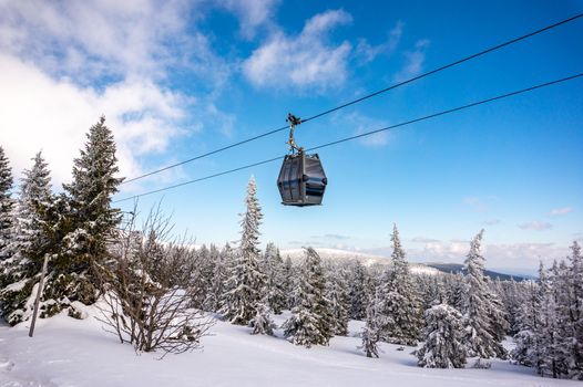 Beautiful winter landscape with snow covered trees and cable car travel. Krkonose, Pec pod Snezkou.