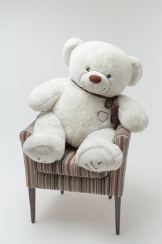 Teddy bear and classic soft chair on white blackground