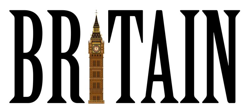 The London landmark the Big Ben Clocktower isolated on a white background as the letter i in Britain