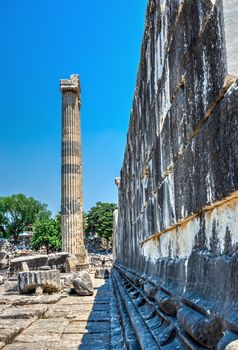 Didyma, Turkey – 2019-07-20. Broken Ionic Columns in the Temple of Apollo at Didyma, Turkey, on a sunny summer day